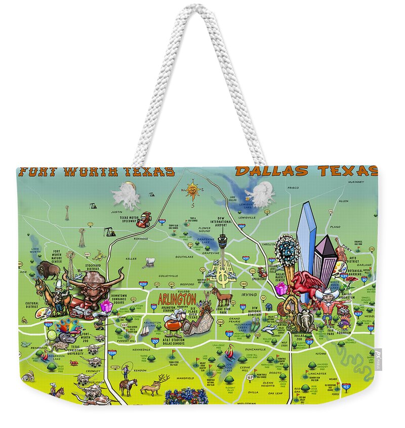 Dallas Weekender Tote Bag featuring the painting Dallas Fort Worth Cartoon Map by Kevin Middleton