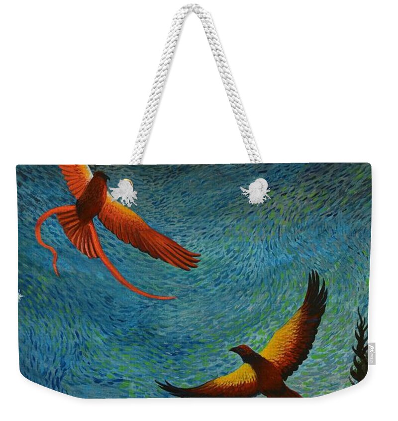 Birds Weekender Tote Bag featuring the painting Dance of the Firebirds by Charles Owens