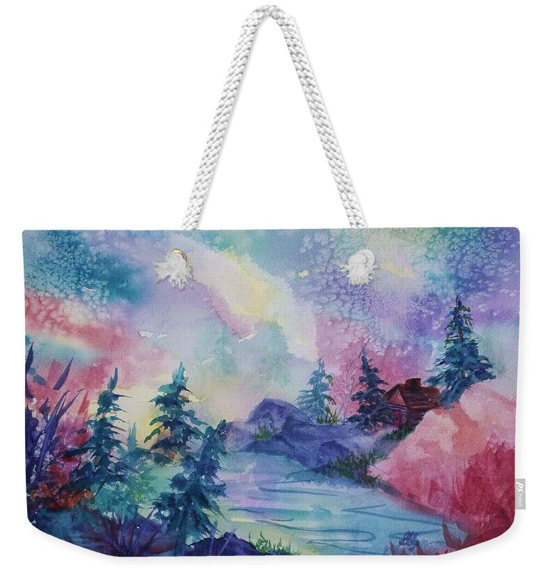 Aurora Weekender Tote Bag featuring the painting Dancing Lights II by Ellen Levinson