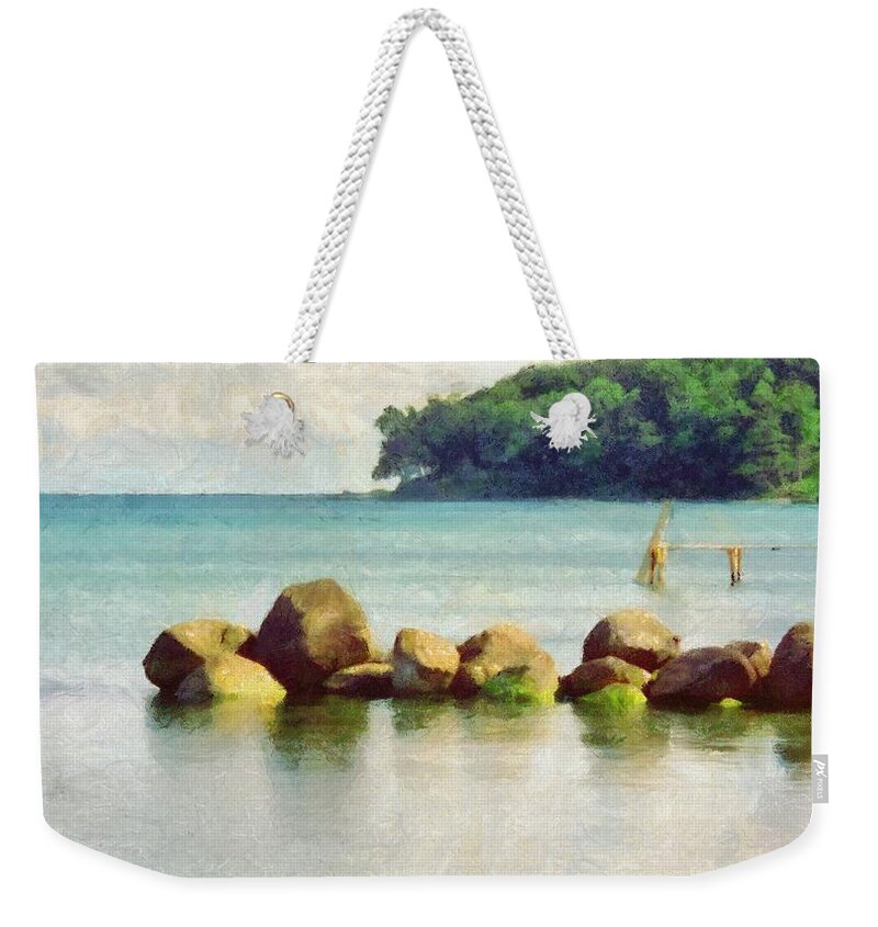 Aarhus Weekender Tote Bag featuring the painting Danish Coast on the Rocks by Jeffrey Kolker