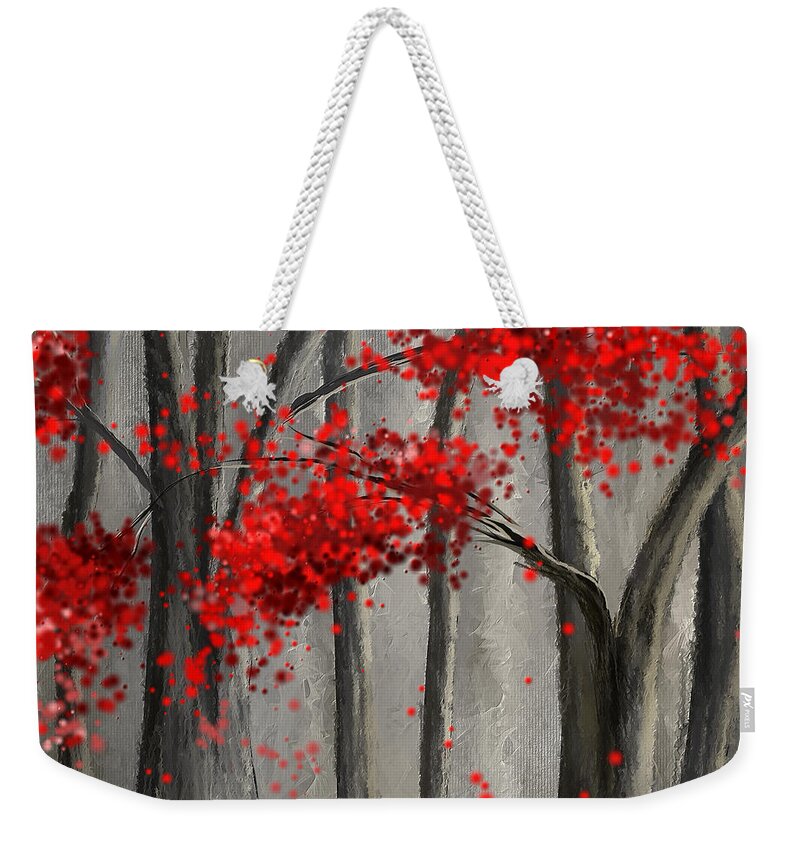 Red And Gray Weekender Tote Bag featuring the painting Dark Passion- Red And Gray Art by Lourry Legarde