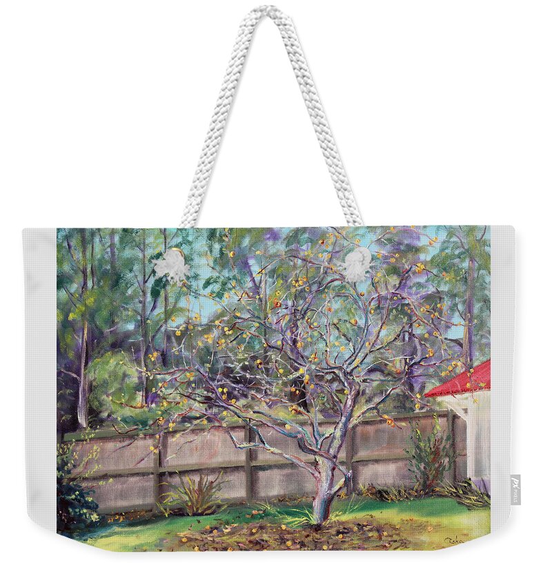 Garden Landscape Painting Weekender Tote Bag featuring the painting December Apples by Asha Carolyn Young