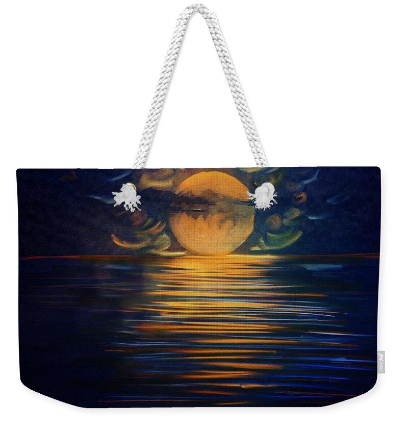 December Full Moon Peace Over The Ocean Weekender Tote Bag featuring the painting December Full Moon Peace over The Ocean by Angela Stanton