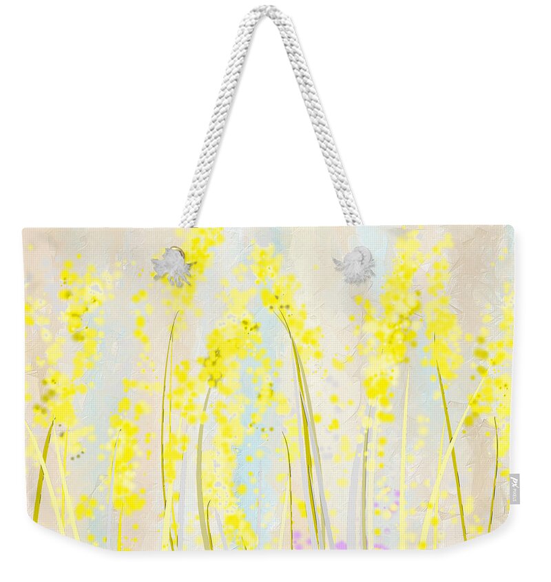 Yellow Weekender Tote Bag featuring the painting Delicately Soft- Yellow and Cream Art by Lourry Legarde