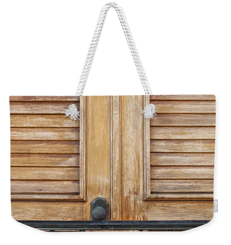 Balcony Weekender Tote Bag featuring the photograph Detail Of Wooden Door And Wrought Iron in Old San Juan Puerto Ric by Bryan Mullennix