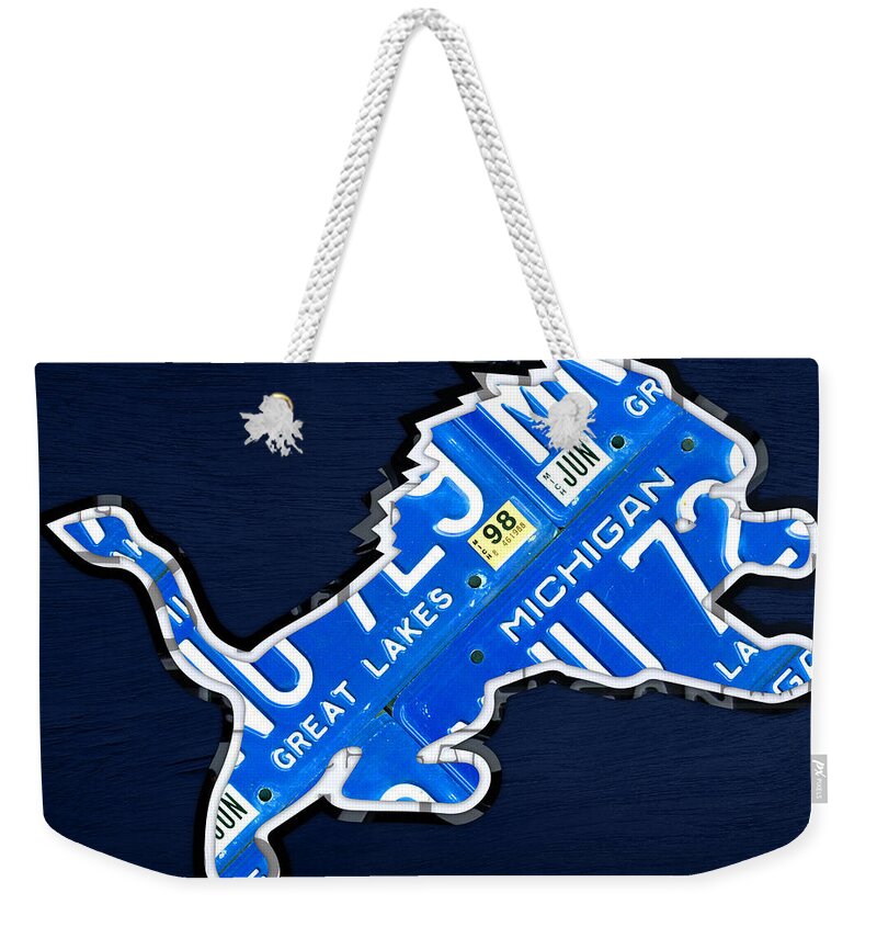 Detroit Lions Football Team Retro Logo License Plate Art License Plate Map Weekender Tote Bag featuring the mixed media Detroit Lions Football Team Retro Logo License Plate Art by Design Turnpike