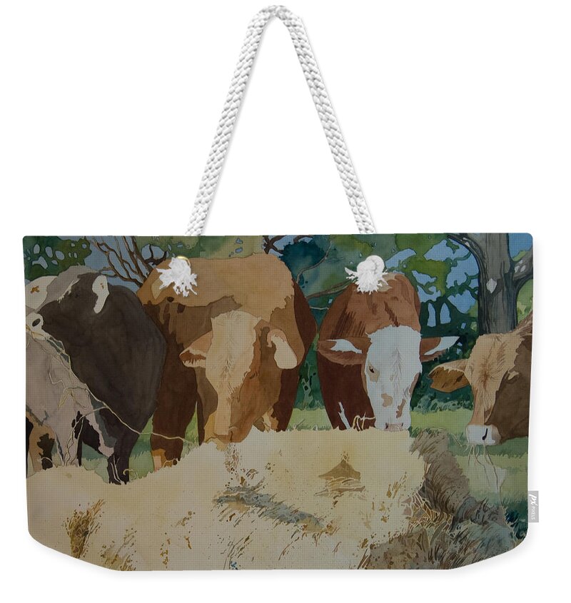 Calves Weekender Tote Bag featuring the painting Dinner Time by Terry Holliday