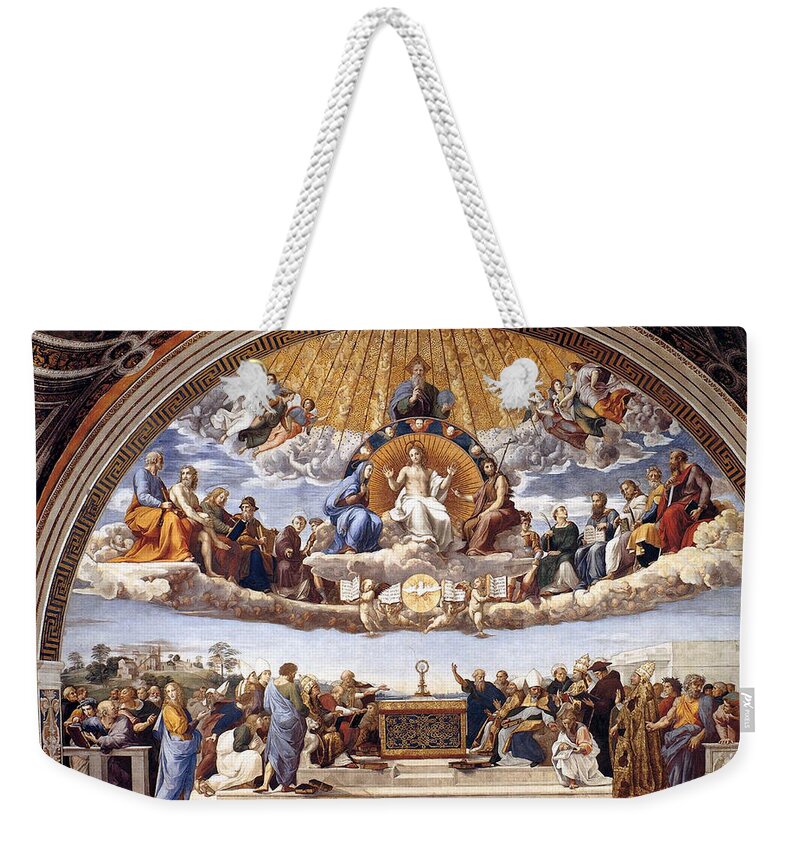 Vatican Weekender Tote Bag featuring the painting Disputation of the Eucharist by Raphael
