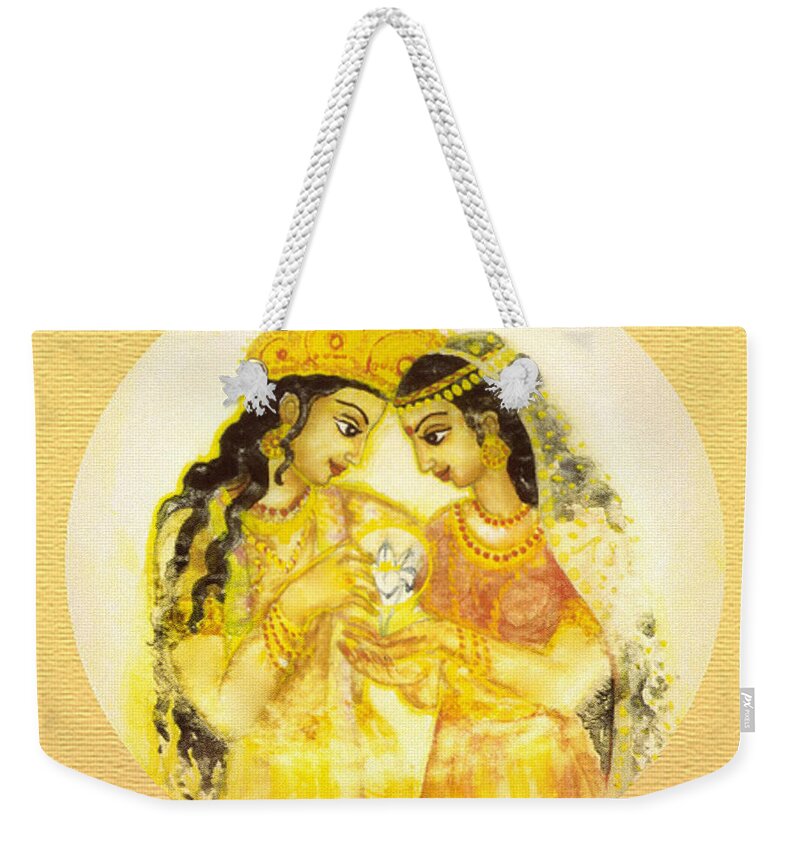 Krishna Weekender Tote Bag featuring the mixed media Divine Love - Detail by Ananda Vdovic