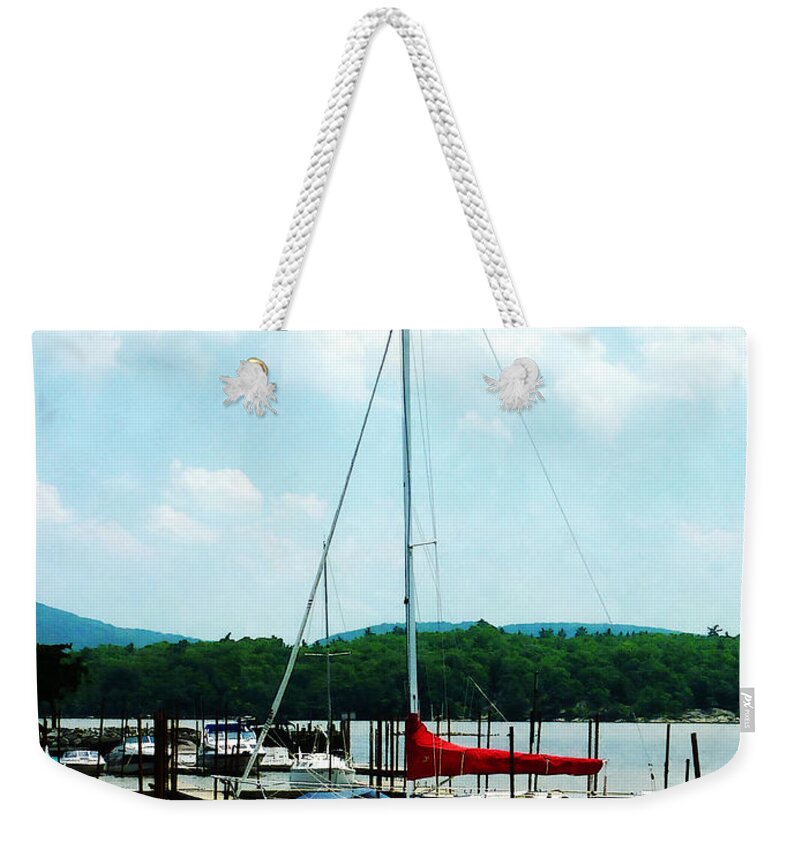 Boat Weekender Tote Bag featuring the photograph Docked on the Hudson River by Susan Savad