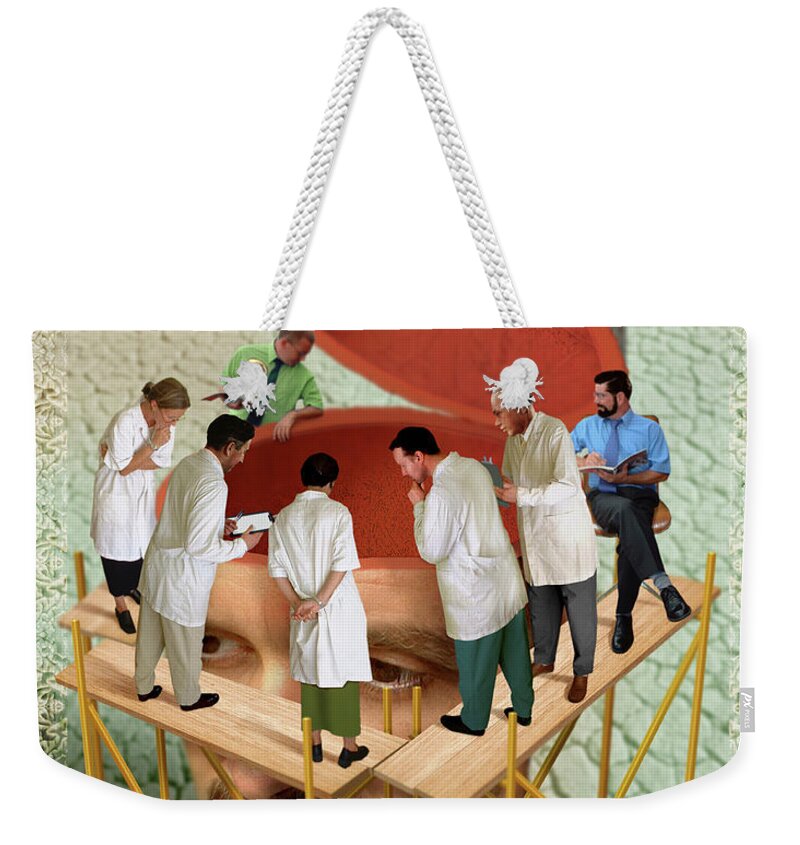 30-35 Weekender Tote Bag featuring the photograph Doctors Looking Into Mans Head by Ikon Ikon Images