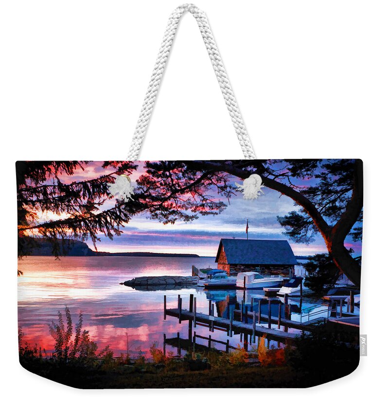 Anderson Dock Weekender Tote Bag featuring the painting Door County Anderson Dock Sunset by Christopher Arndt