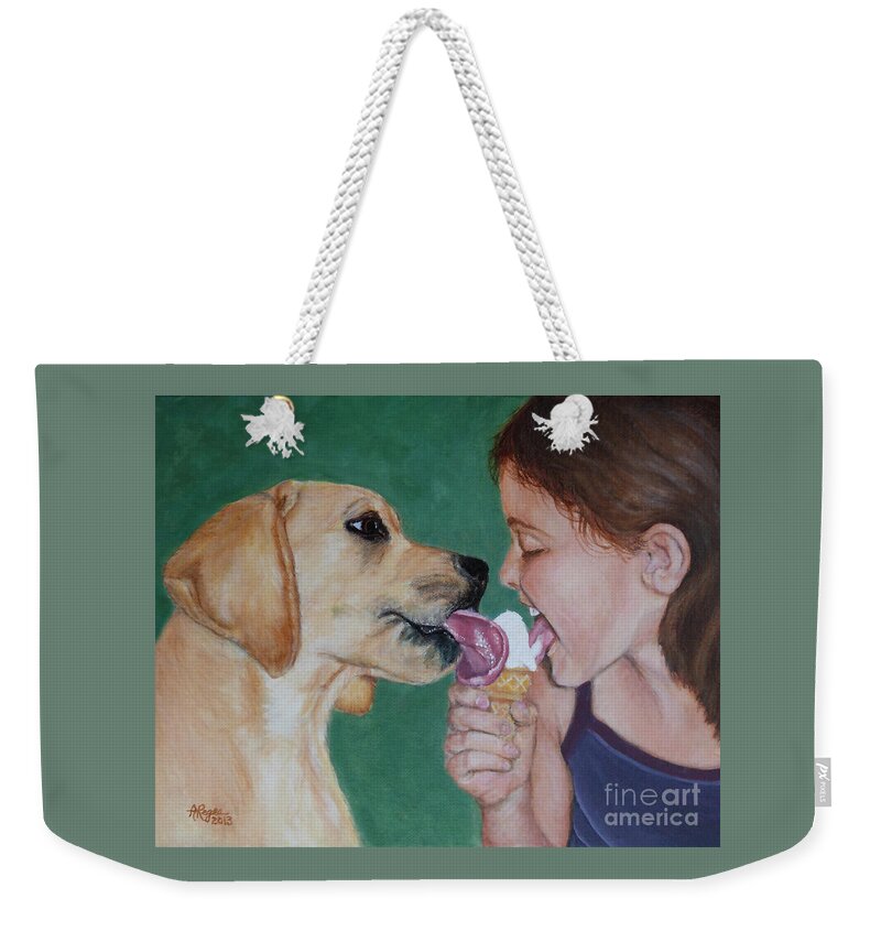 Dog Weekender Tote Bag featuring the painting Double Dip - Ice Cream for Two by Amy Reges