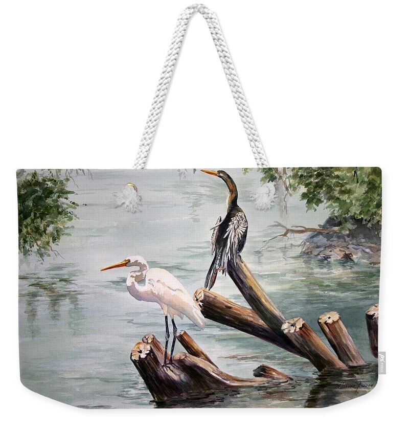 Heron Weekender Tote Bag featuring the painting Double Trouble by Roxanne Tobaison