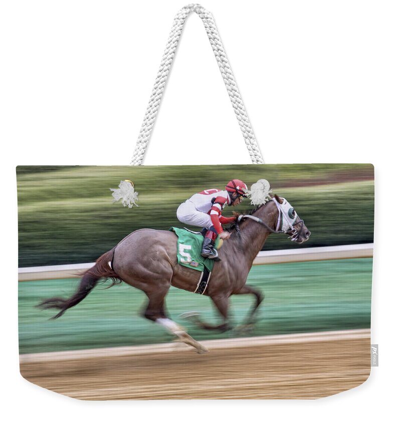 Horse Racing Weekender Tote Bag featuring the photograph Down the Stretch - Horse Racing - Jockey by Jason Politte