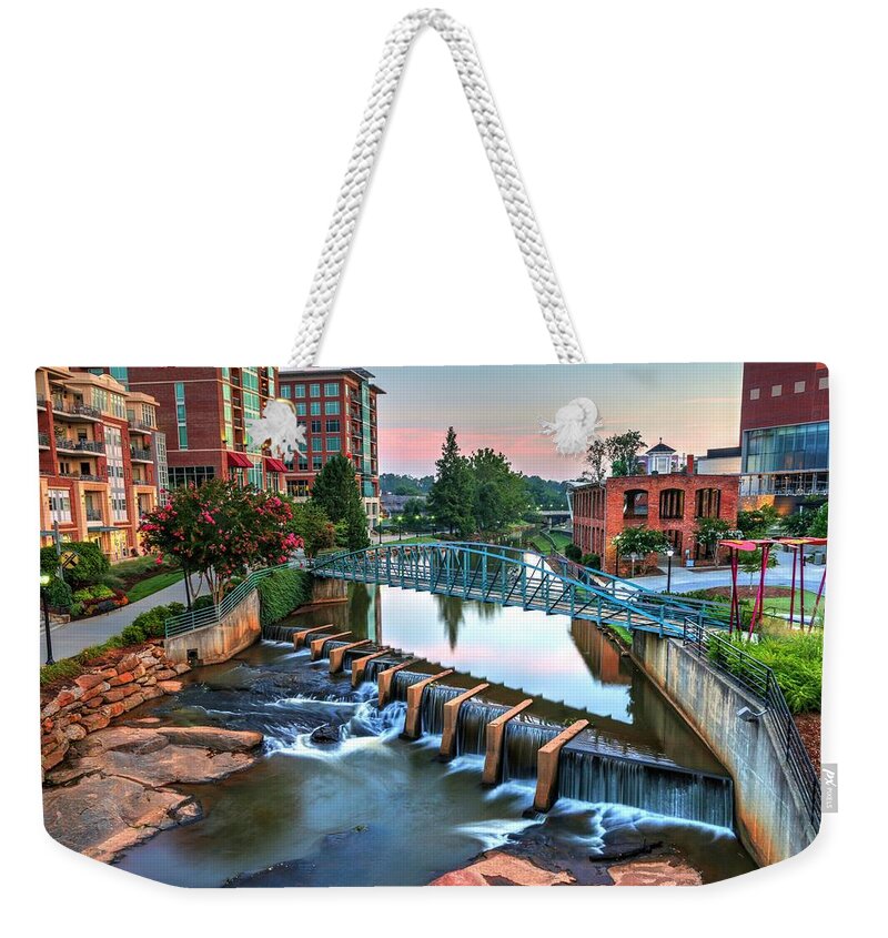 Downtown Greenville Weekender Tote Bag featuring the photograph Downtown Greenville on the River by Carol Montoya