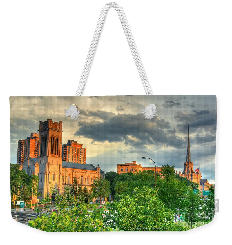 Downtown Minneapolis Weekender Tote Bag featuring the photograph Downtown Minneapolis Skyline Saint Mark's Episcopal Cathedral by Wayne Moran