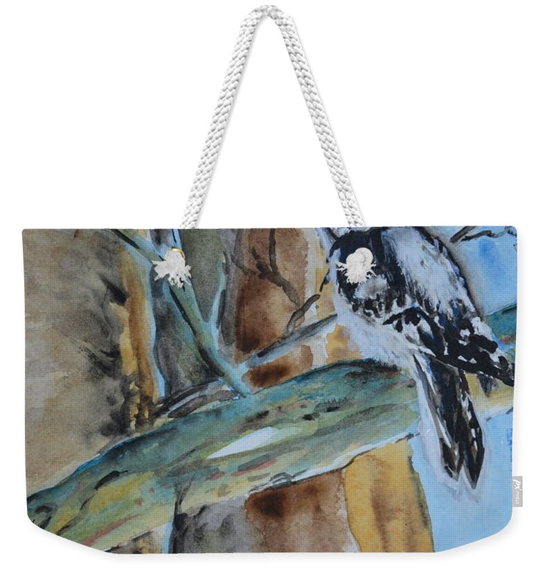 Woodpecker Weekender Tote Bag featuring the painting Downy by Beverley Harper Tinsley