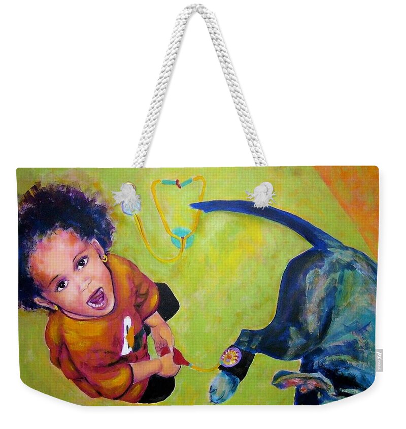 Child Weekender Tote Bag featuring the painting Dr. Nana and the blue dog by Jodie Marie Anne Richardson Traugott     aka jm-ART
