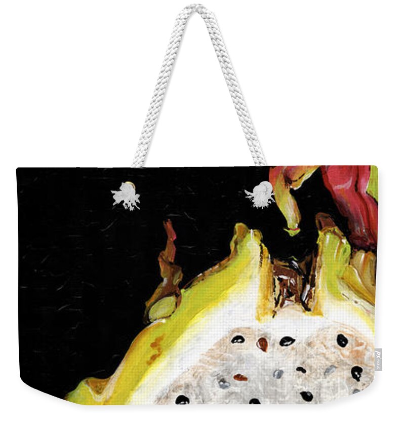 Abstract Weekender Tote Bag featuring the painting dragon fruit yellow and red Elena Yakubovich by Elena Daniel Yakubovich