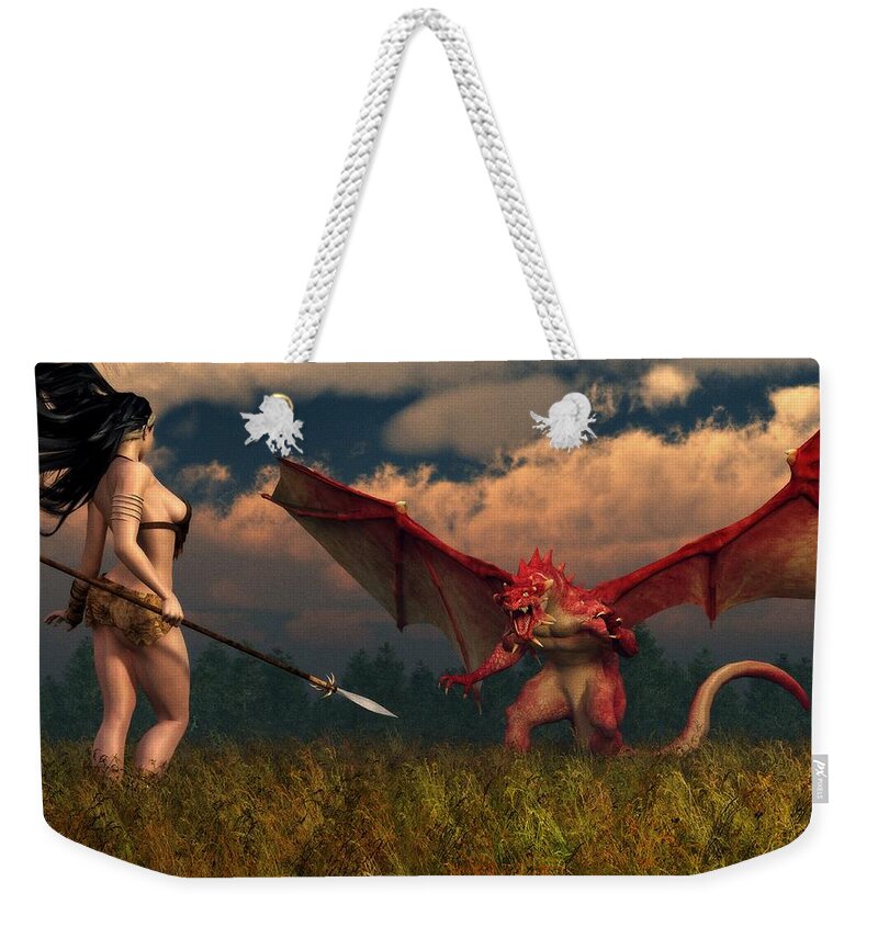  Weekender Tote Bag featuring the digital art Dragon vs Cavegirl by Kaylee Mason