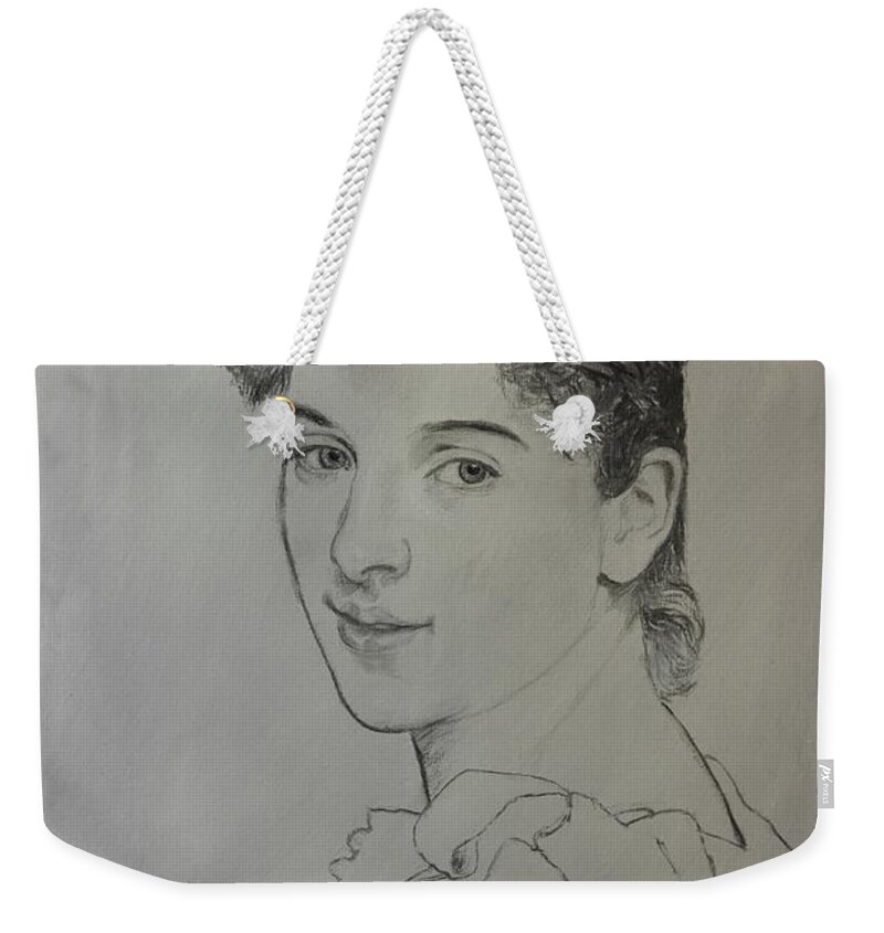 Gabrielle Cot Weekender Tote Bag featuring the painting drawing for Gabrielle Cot portrait by Glenn Beasley