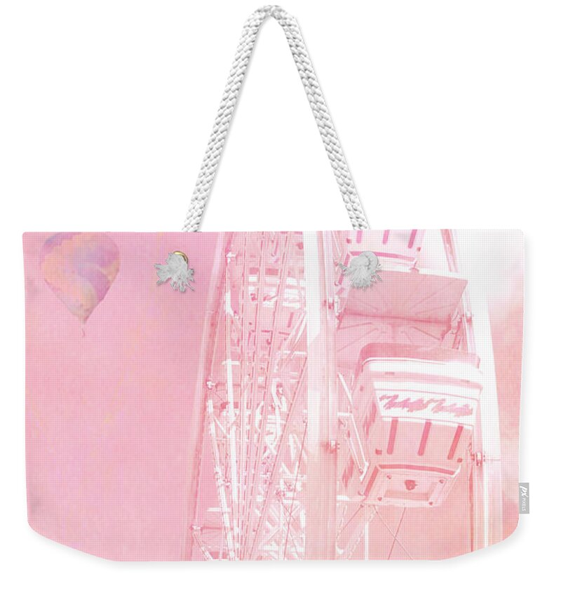 Carnival Weekender Tote Bag featuring the photograph Dreamy Baby Pink Ferris Wheel Carnival Art With Hot Air Balloons by Kathy Fornal