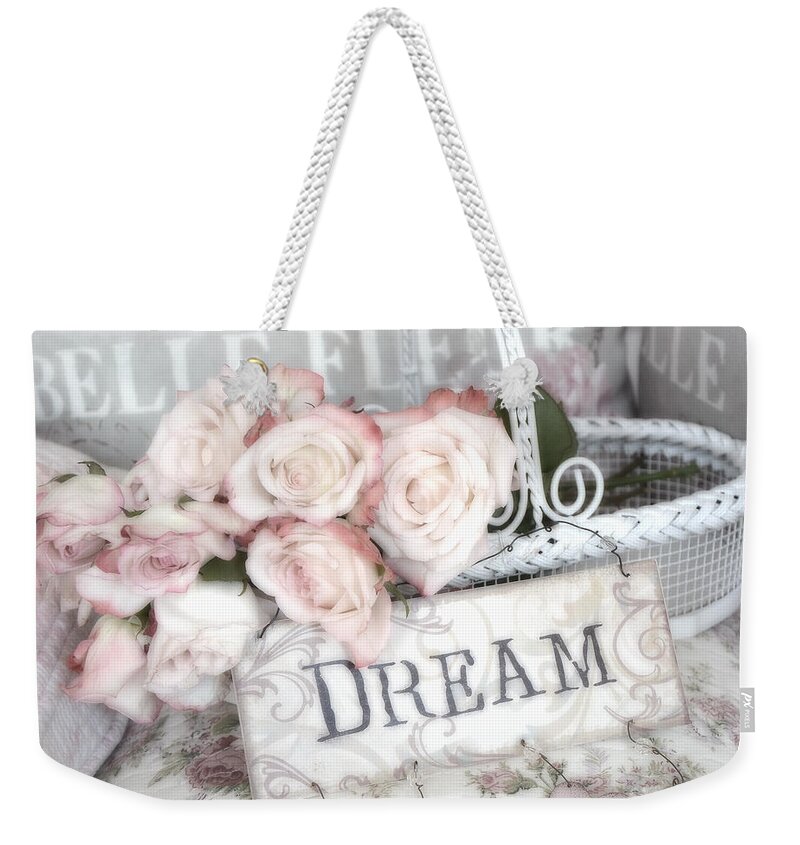 Shabby Chic Romantic Roses Weekender Tote Bag featuring the photograph Dreamy Shabby Chic Romantic Cottage Chic Roses In White Basket by Kathy Fornal