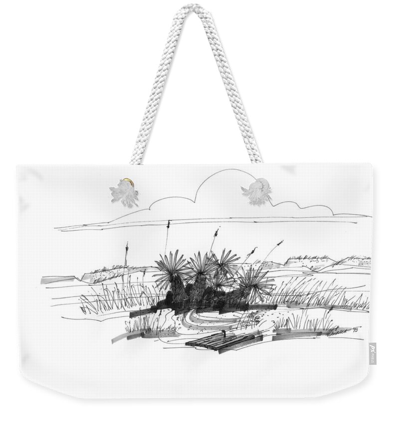 Driftwood Weekender Tote Bag featuring the drawing Drift Wood and Yucca Plants by Richard Wambach