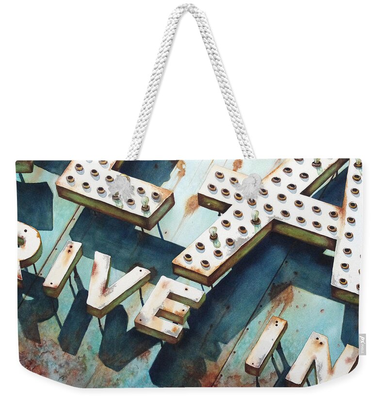 Old Sign Weekender Tote Bag featuring the painting Drive In by Greg and Linda Halom