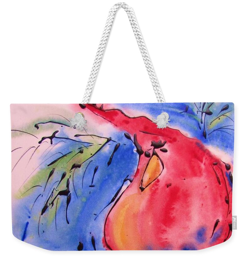 Cardinal Weekender Tote Bag featuring the painting Drizzle Cardinal by Terri Einer