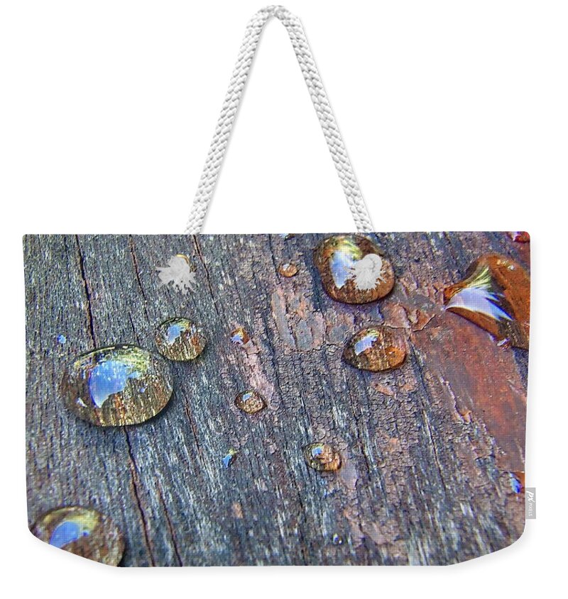 Abstract Weekender Tote Bag featuring the photograph Drops On Wood by Michelle Meenawong