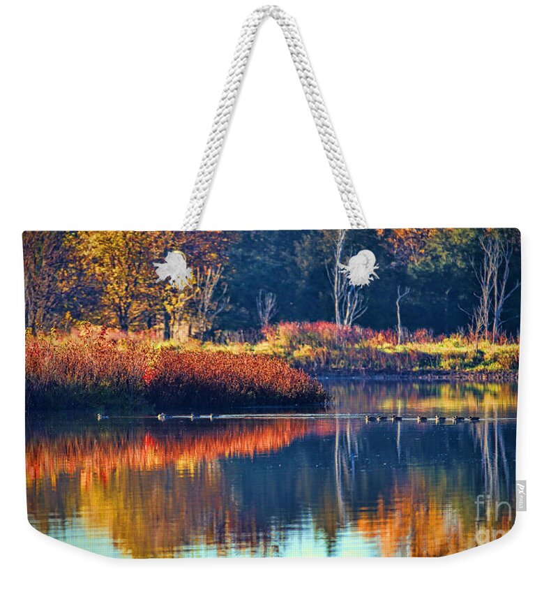 Reflections Weekender Tote Bag featuring the photograph Ducks in Paradise by Elizabeth Winter