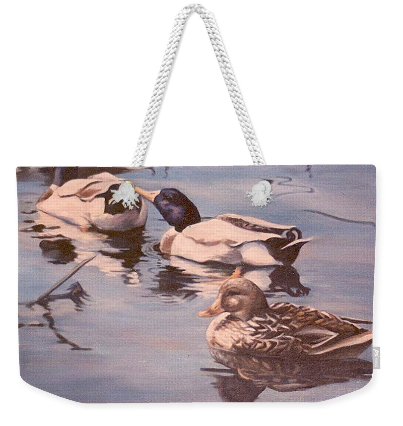 Nature Weekender Tote Bag featuring the painting Ducks on the Cachuma by Donna Tucker