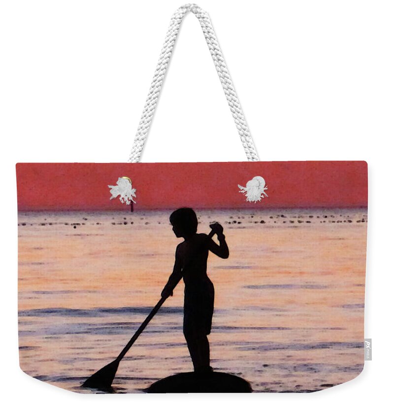 Silhouette Weekender Tote Bag featuring the painting Dusk Float - Sunset Art by Sharon Cummings
