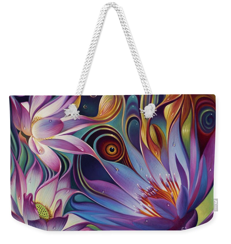 Lotus Weekender Tote Bag featuring the painting Dynamic Floral Fantasy by Ricardo Chavez-Mendez