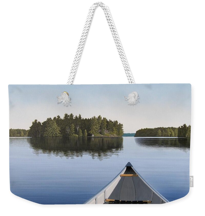 Canoe Weekender Tote Bag featuring the painting Early Evening Paddle aka Paddle Muskoka by Kenneth M Kirsch