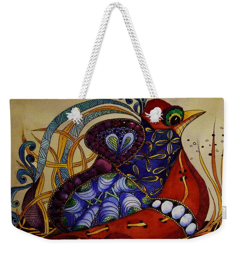 Zentangle Weekender Tote Bag featuring the painting Early Worm Gets the Bird by Mary Beglau Wykes