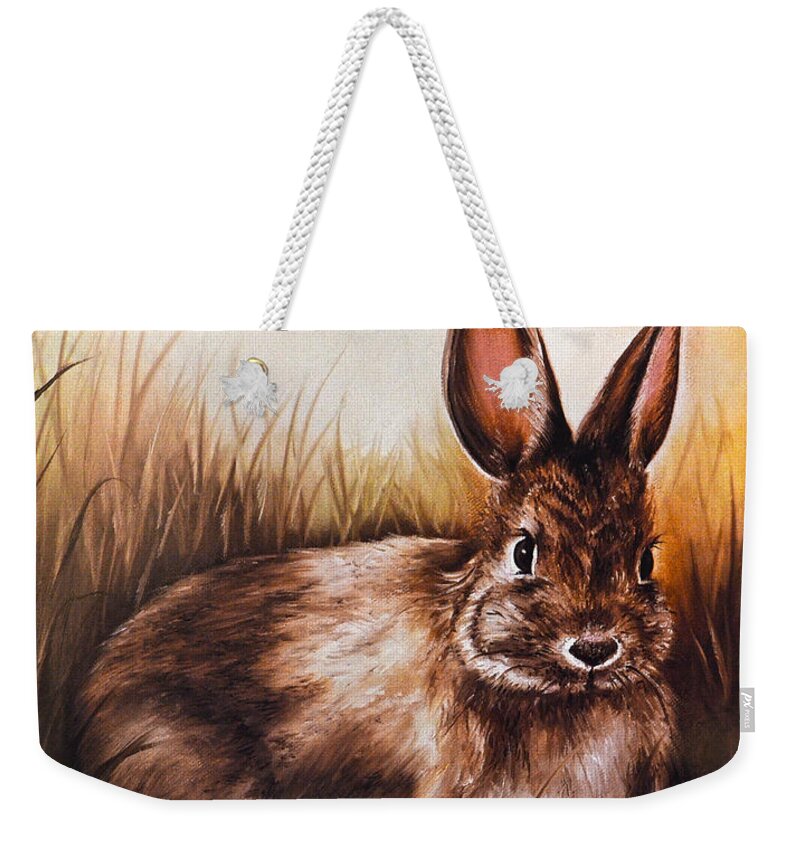 Eastern Cottontail Rabbit Weekender Tote Bag featuring the painting Eastern Cottontail Rabbit by Sandi OReilly