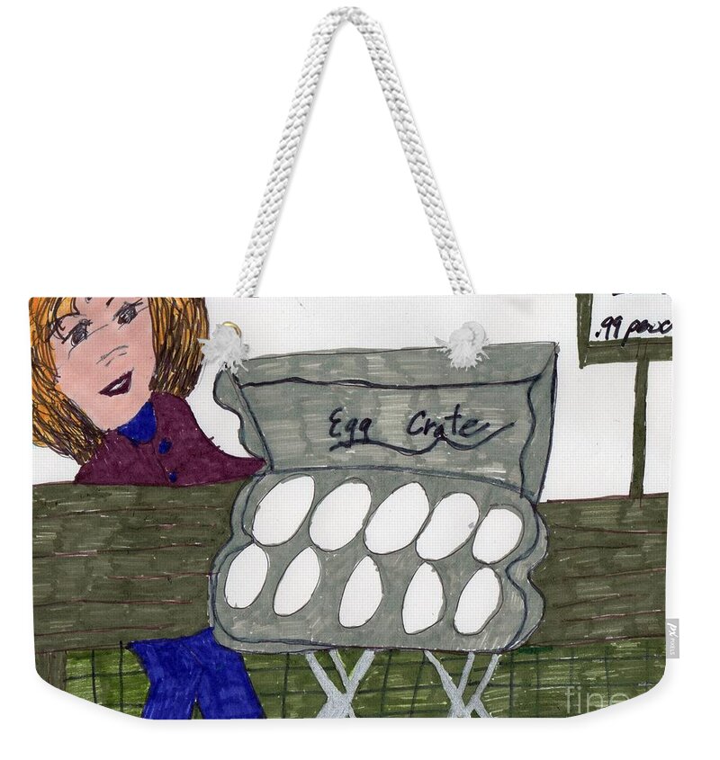 Egg Crate With Lady Shopping Weekender Tote Bag featuring the mixed media Egg Crate by Elinor Helen Rakowski