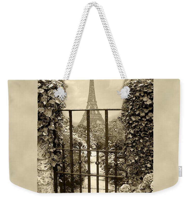Eiffel Tower Weekender Tote Bag featuring the photograph Eiffel Garden Sepia by Lee Owenby