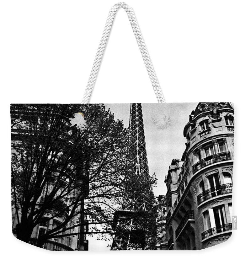 Vintage Eiffel Tower Weekender Tote Bag featuring the photograph Eiffel Tower Black and White by Andrew Fare