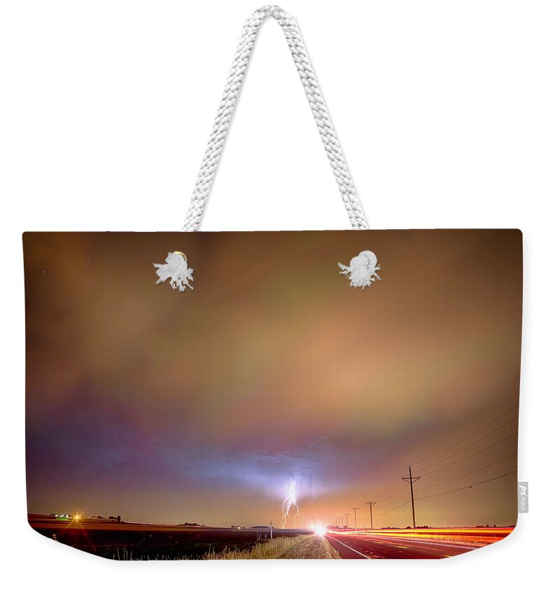 Lightning Weekender Tote Bag featuring the photograph Electrical Charged Green Lightning Thunderstorm by James BO Insogna