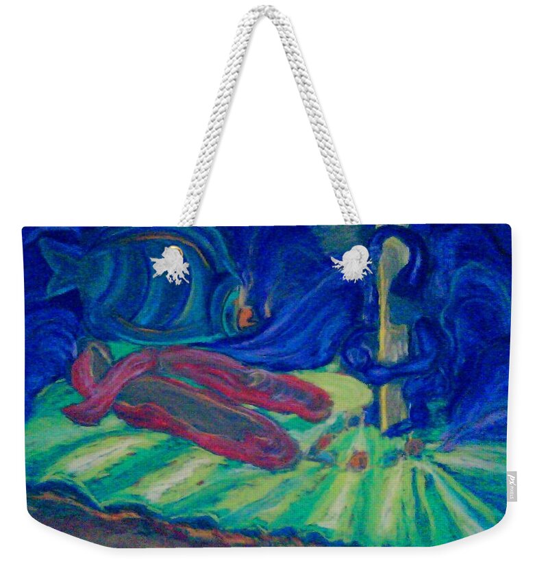 Surreal Weekender Tote Bag featuring the pastel Elf and His Magical Slippers by Suzanne Berthier