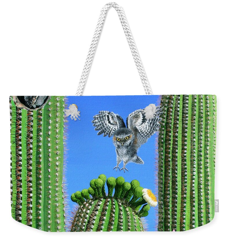 Wildlife Weekender Tote Bag featuring the painting Elf Owls of Saguaro Desert by Wilfrido Limvalencia