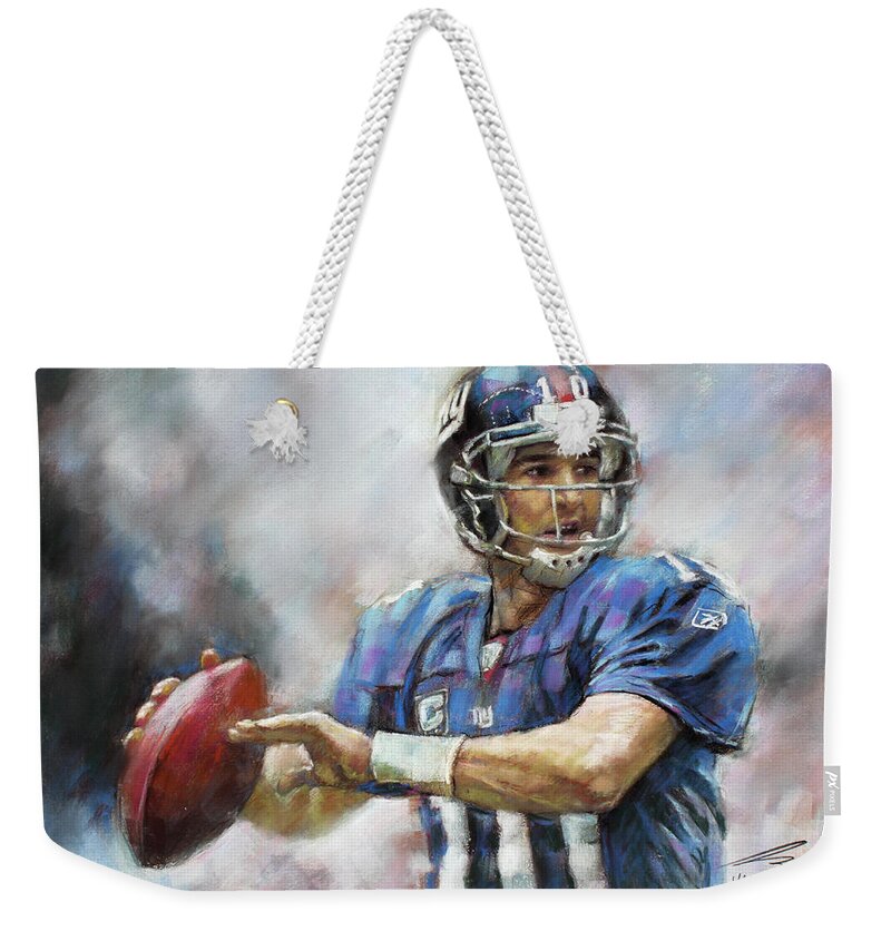Eli Manning Weekender Tote Bag featuring the drawing Eli Manning NFL NY Giants by Viola El