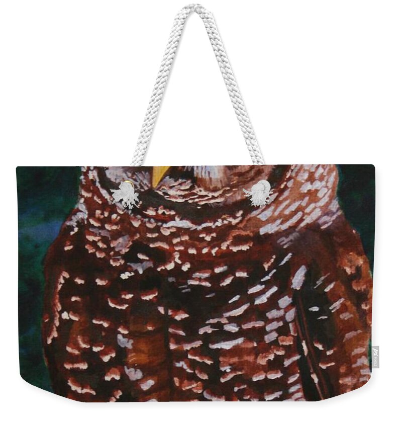 Birds Weekender Tote Bag featuring the painting Endangered - Spotted Owl by Mike Robles