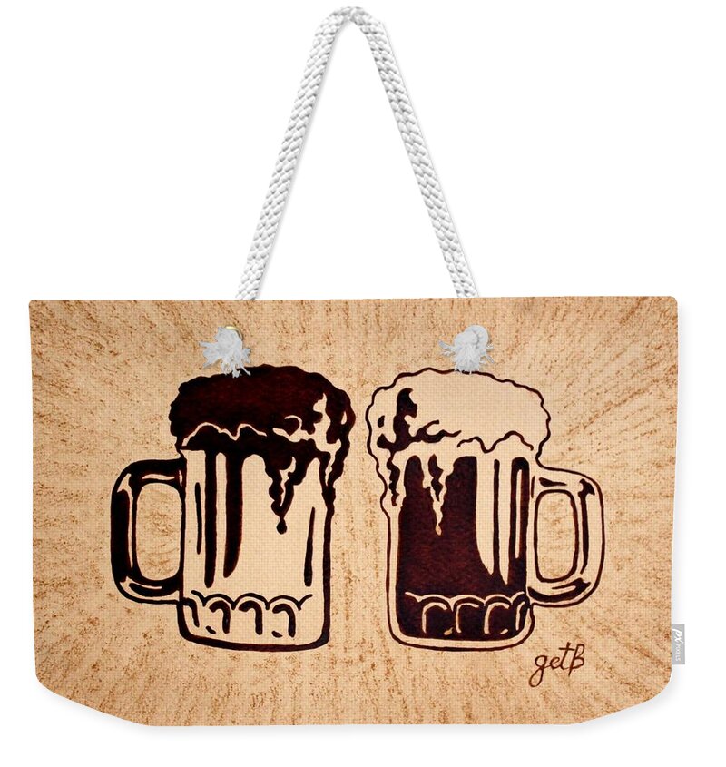 Dark Beer Weekender Tote Bag featuring the painting Enjoying Beer by Georgeta Blanaru