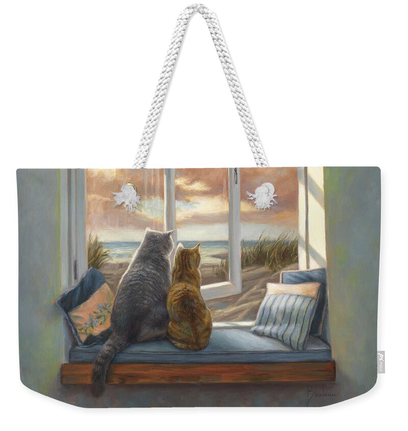 Cat Weekender Tote Bag featuring the painting Enjoying The View by Lucie Bilodeau