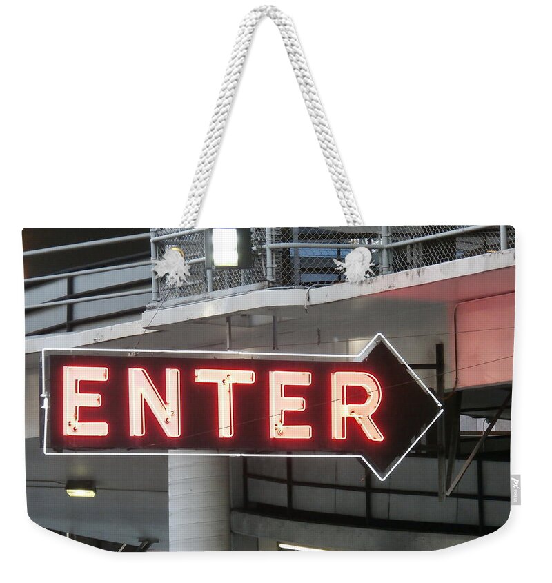 Enter Sign Weekender Tote Bag featuring the photograph Enter by Tonie Cook